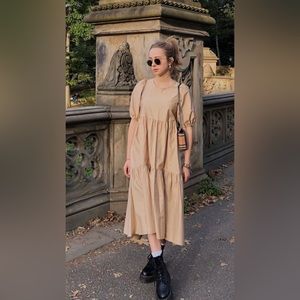 (Bloggers Fav) NWT That Viral Zara Asymmetric Tiered Camel / Beige Poplin Dress